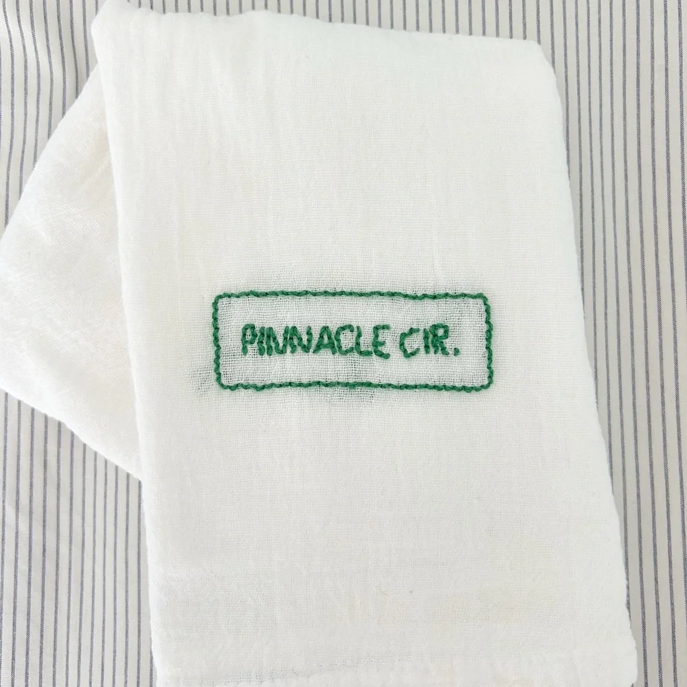 Embroidered white cotton, street sign, hand towel #luxurybathroom